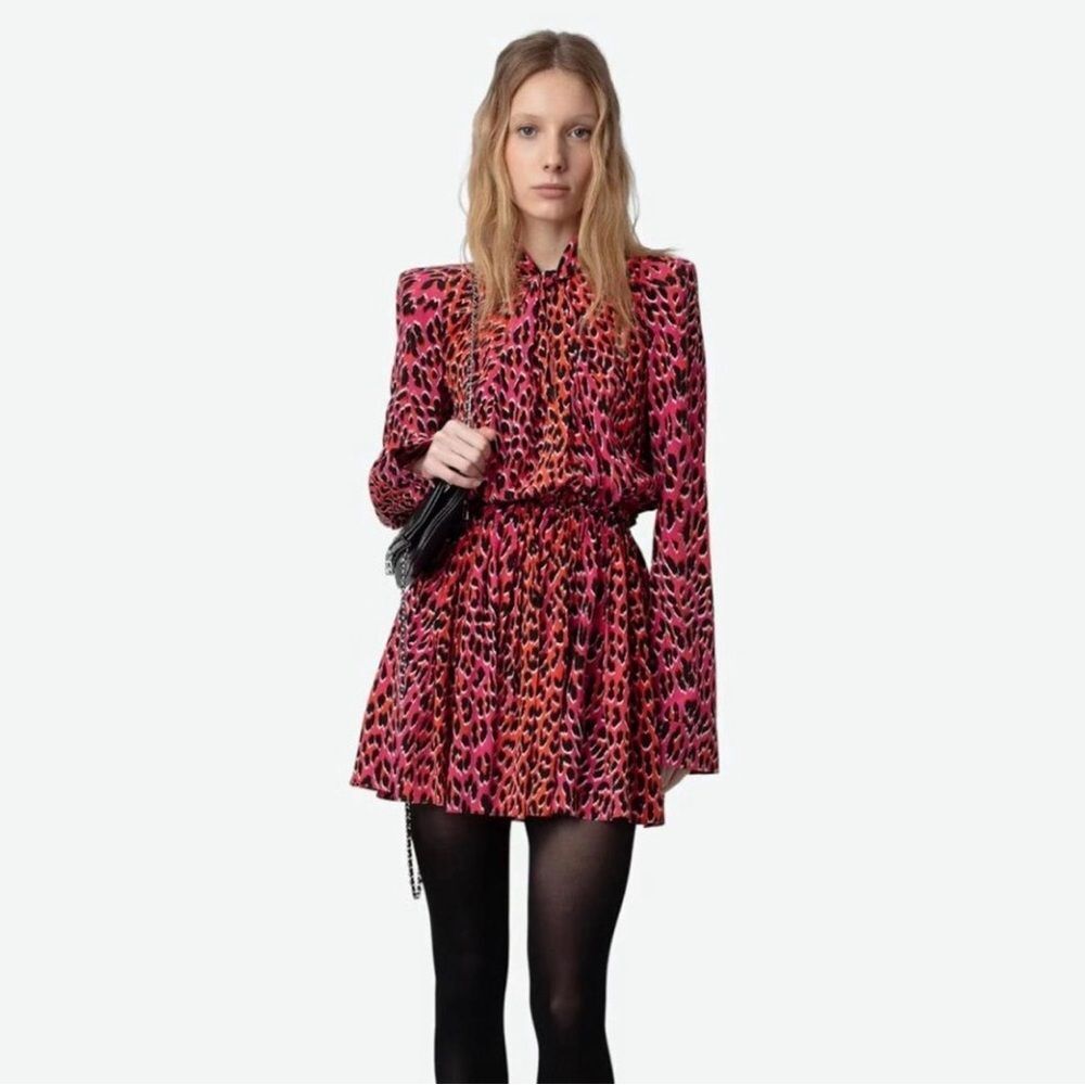 NWT 795.00 Zadig & Voltaire
Women's Red Animal-Print Silk Minidress Large